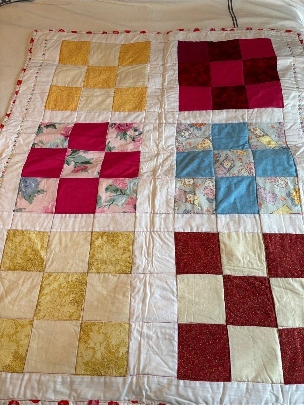Handmade Patchwork Floral Quilt Red & White